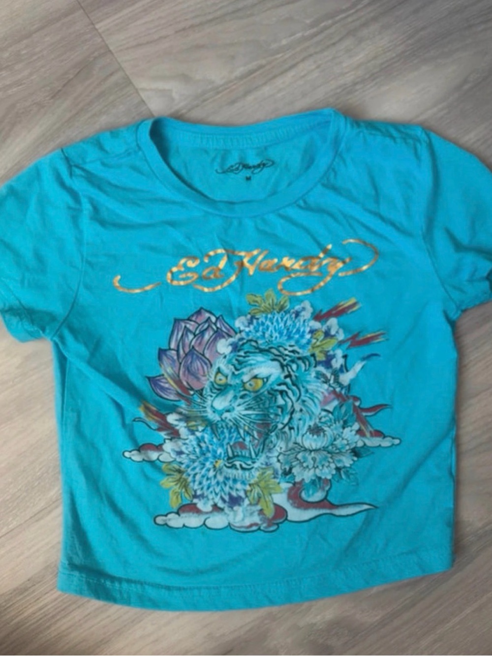 Authentic Ed Hardy women’s M Floral Tiger Baby Tee | Aqua Blue | Y2K Cropped